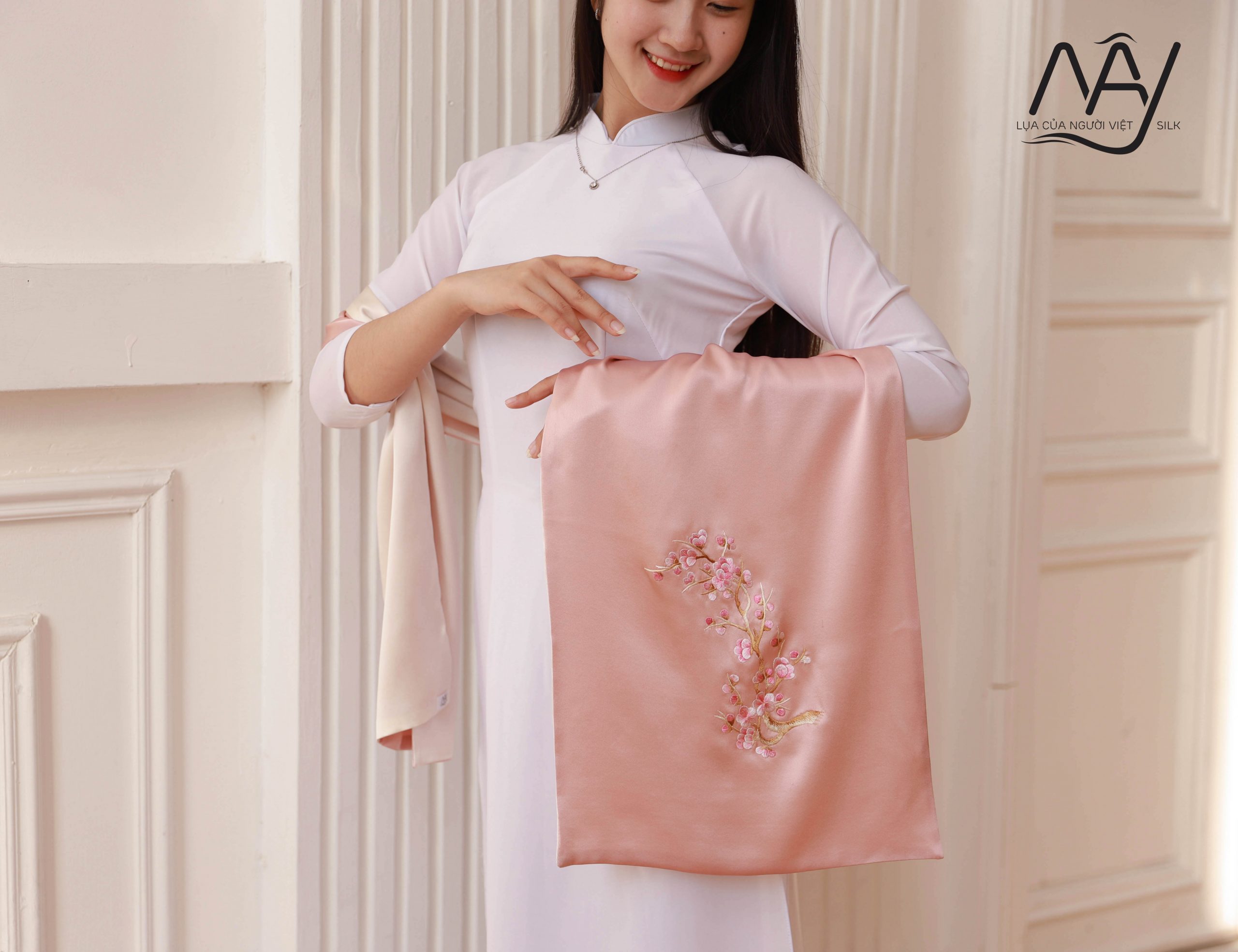 Hanoi silk scarf hand embroidered peach blossom cream pink