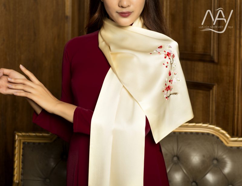 Beige peach blossom hand embroidered silk scarf 7
