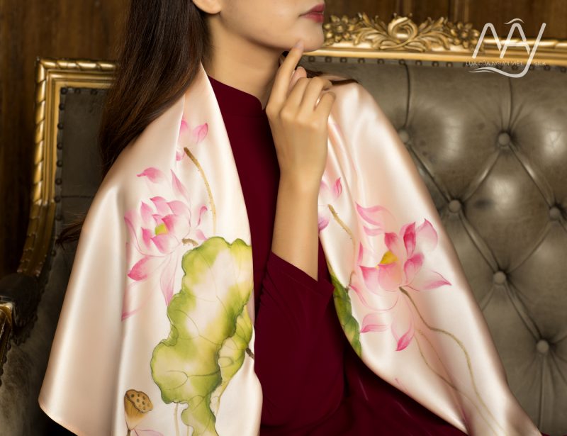 pink lotus hand-painted silk scarf 6