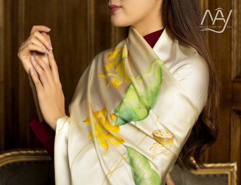 hand painted silk scarf beige yellow lotus flower length 1