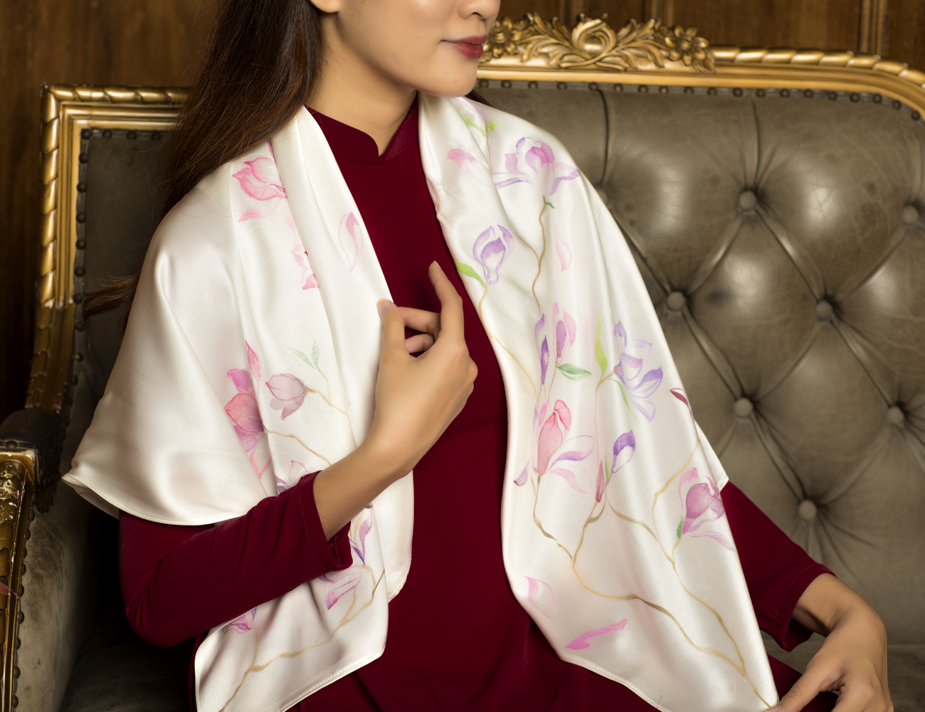 hand painted silk scarf white magnolia 6