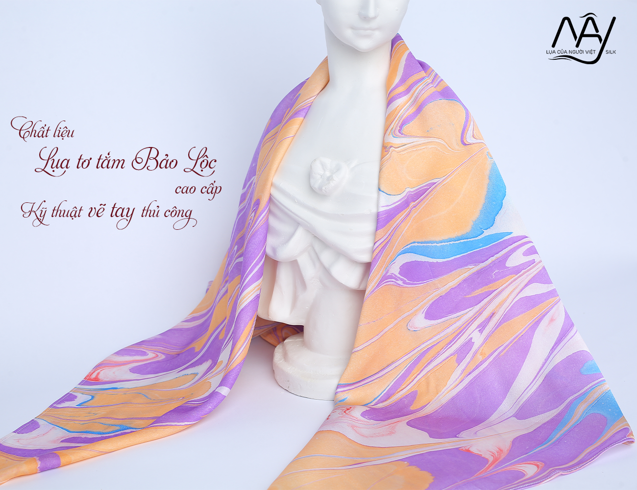 khăn lụa tơ tằm vẽ tay thủy ấn vân sóng hồng tím