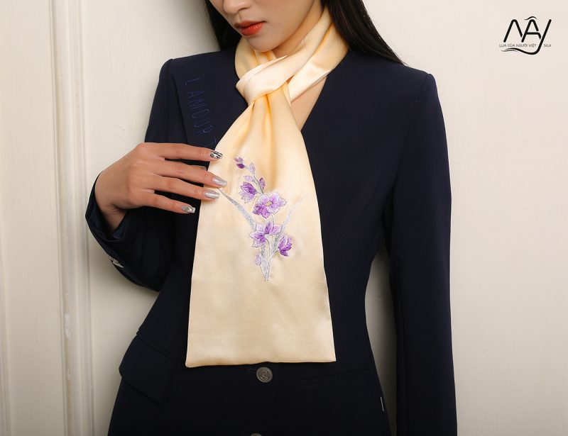 beige orchid embroidered silk scarf 1