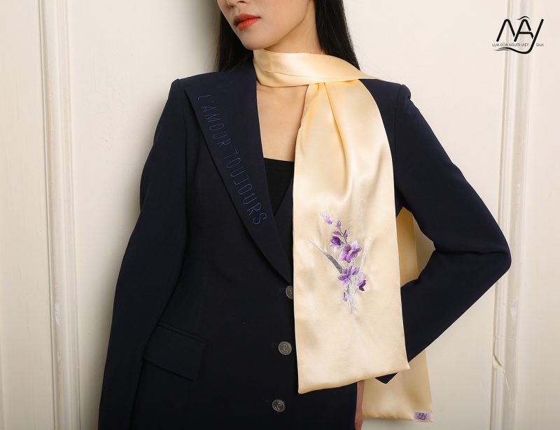 beige orchid embroidered silk scarf 2