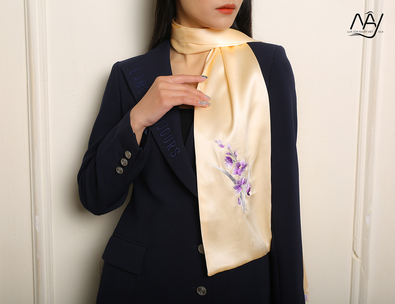 beige orchid embroidered silk scarf 4