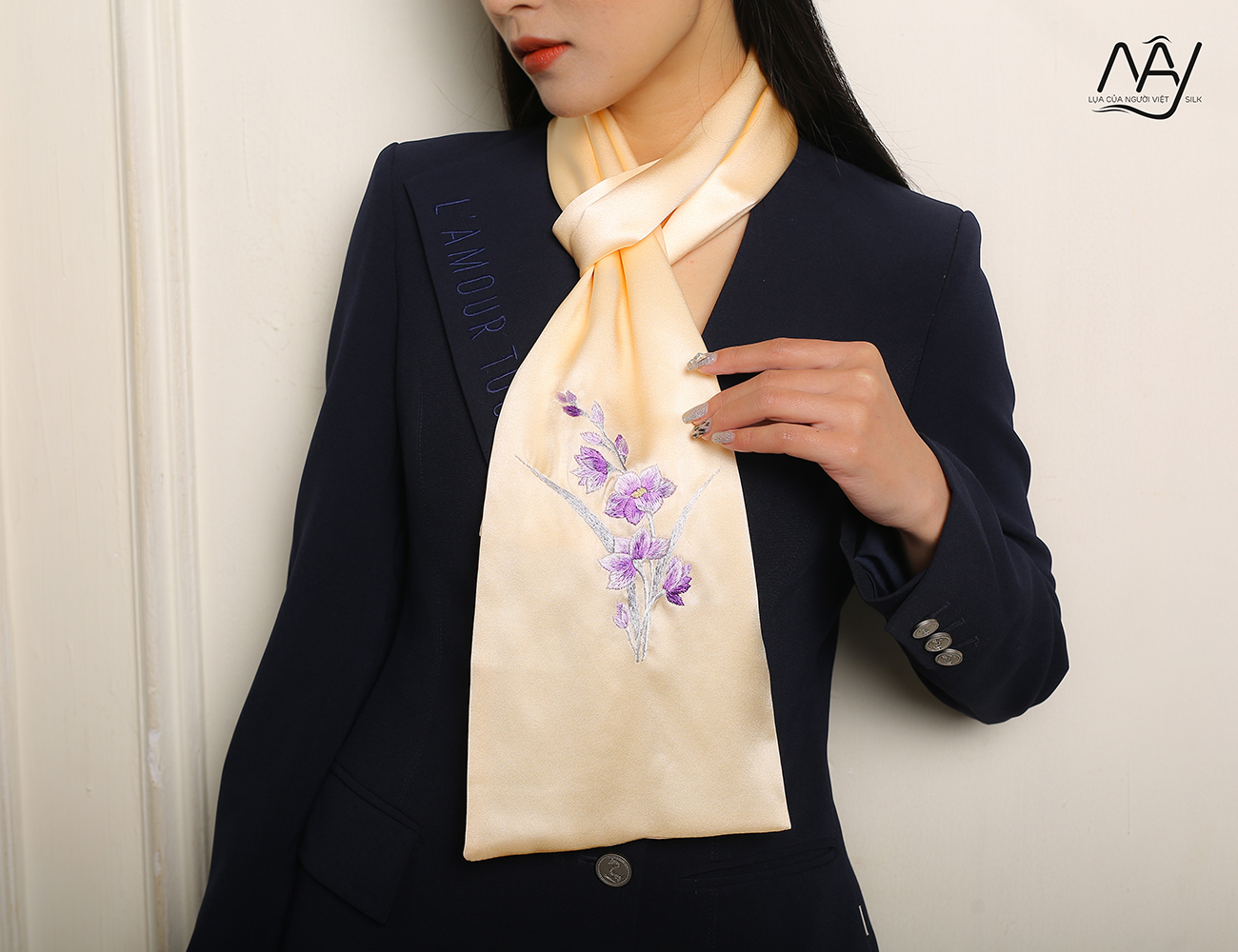 beige orchid embroidered silk scarf 6