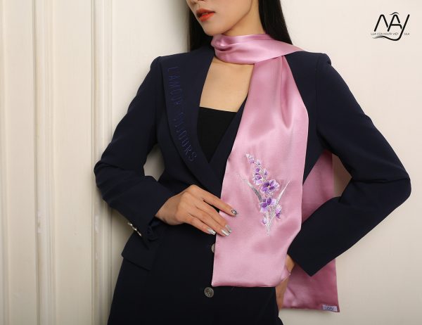 silk scarf embroidered with purple orchids 4