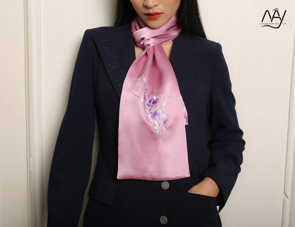 silk scarf embroidered with purple orchids 5