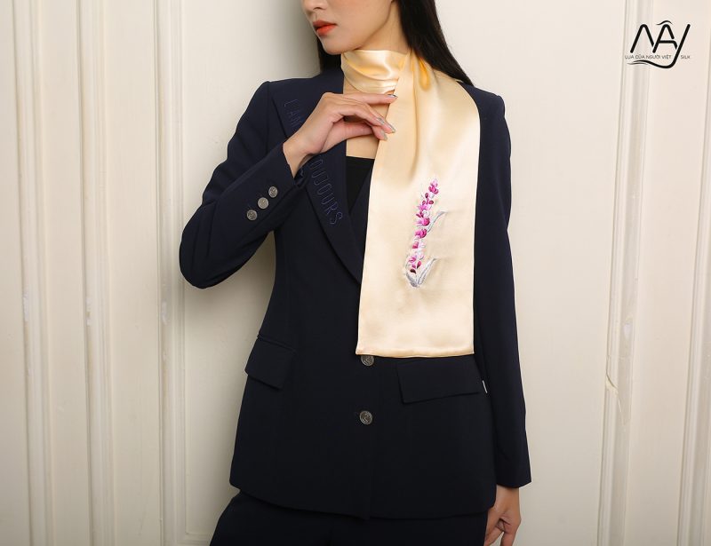 beige lavender embroidered silk scarf 3
