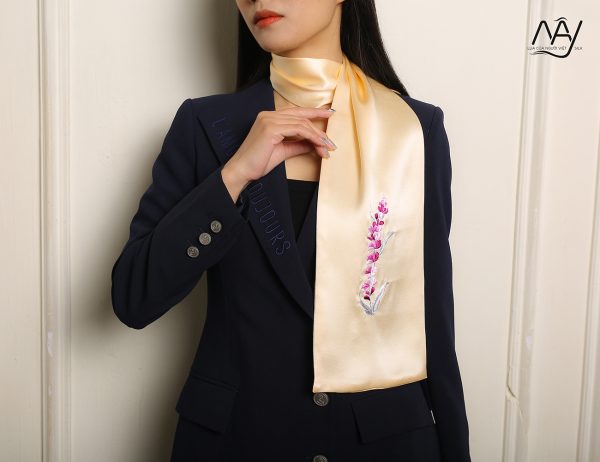beige lavender embroidered silk scarf 4