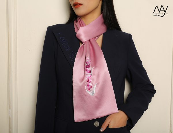 silk scarf embroidered with lavender purple pink 1