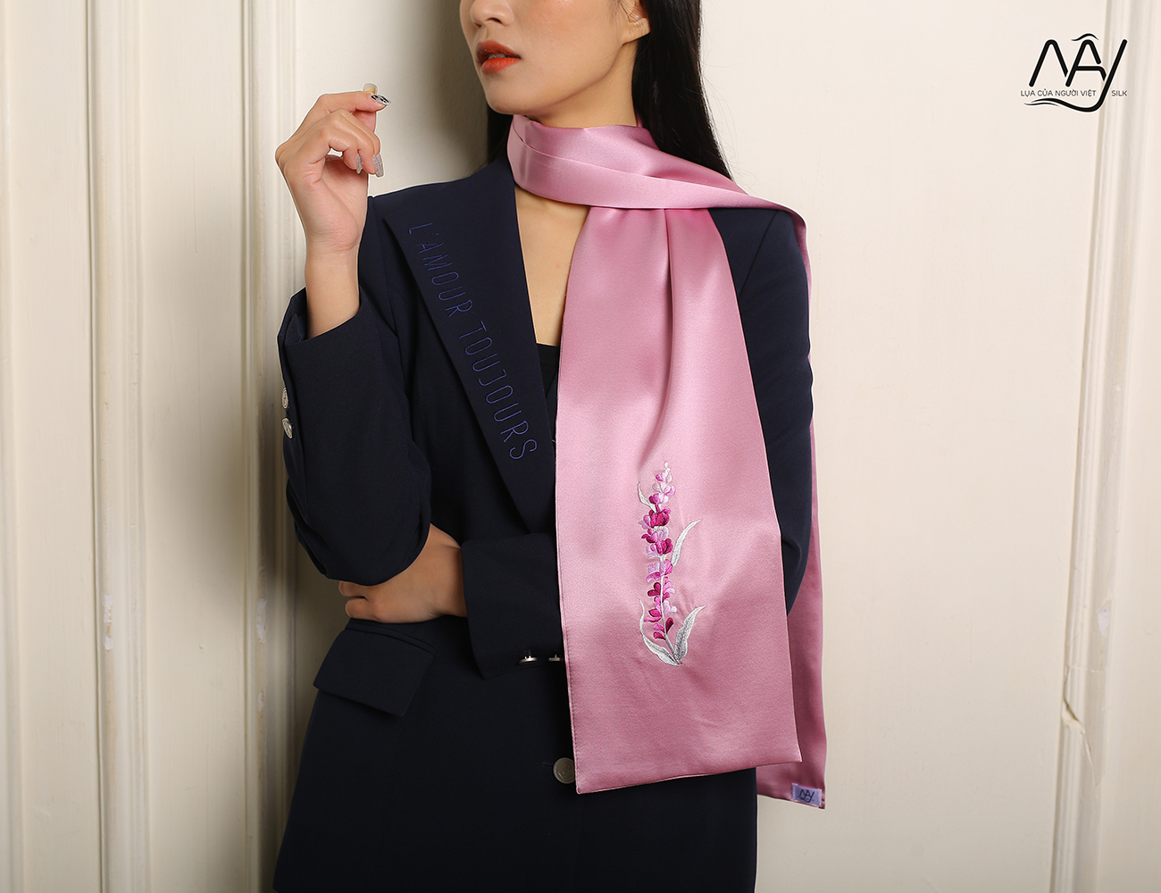 silk scarf embroidered with lavender purple pink 2