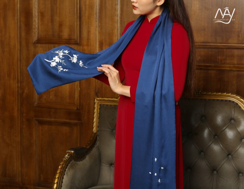 navy blue embroidered apricot silk scarf 24