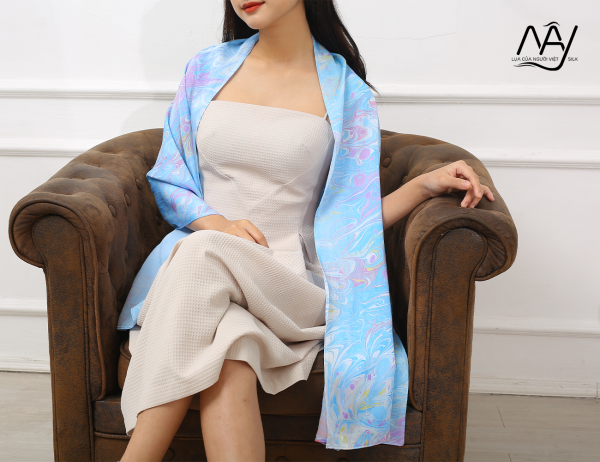 elegant blue watermark hand-painted silk scarf
