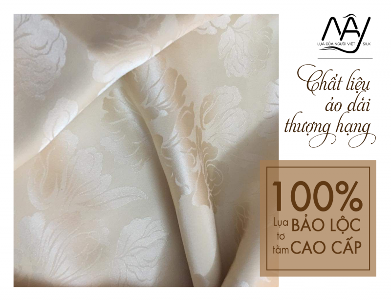 Bao Loc silk fabric woven with cream-colored phoenix flower pattern