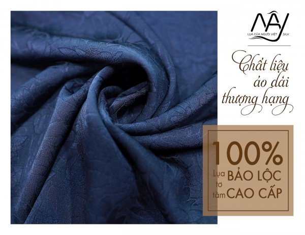 navy blue lotus flower pattern woven Bao Loc silk fabric