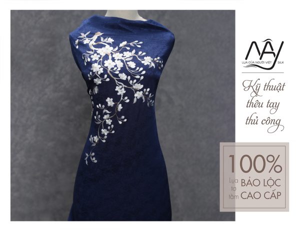 navy blue hand-embroidered silk fabric