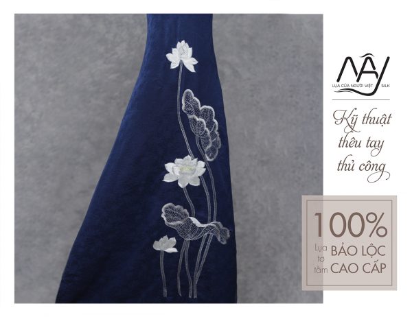 navy blue lotus hand embroidered silk fabric