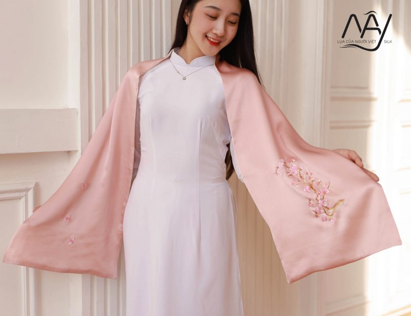 High quality silk scarf hand embroidered peach blossom cream pink