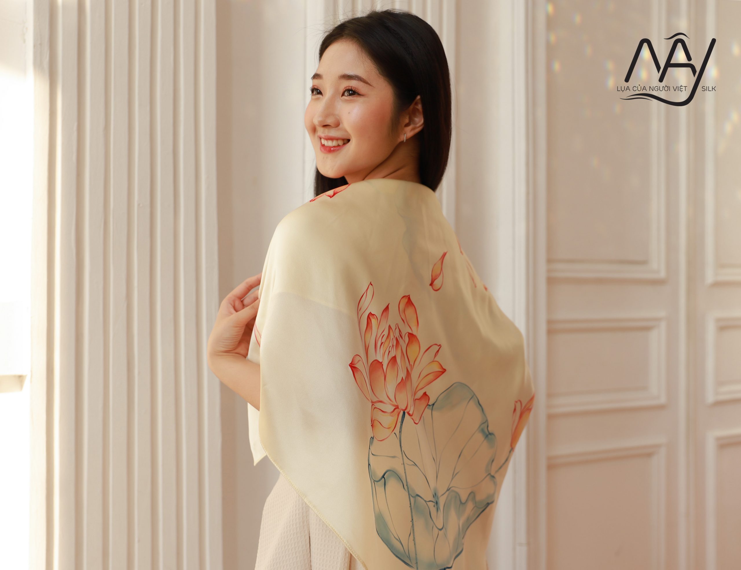 Hanoi silk scarf hand painted beige lotus flower 8585