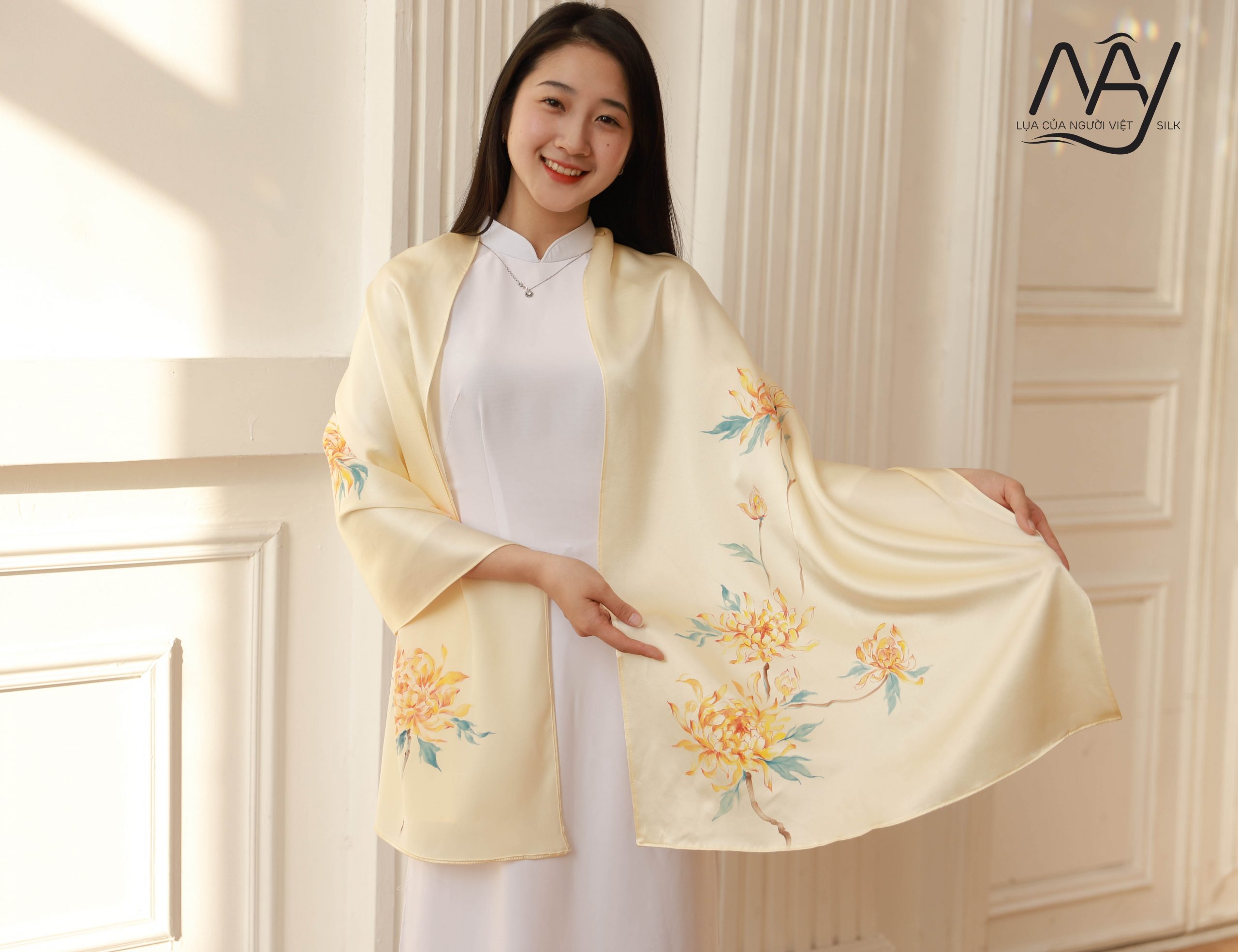 hand painted vietnamese silk scarf beige chrysanthemum 55180