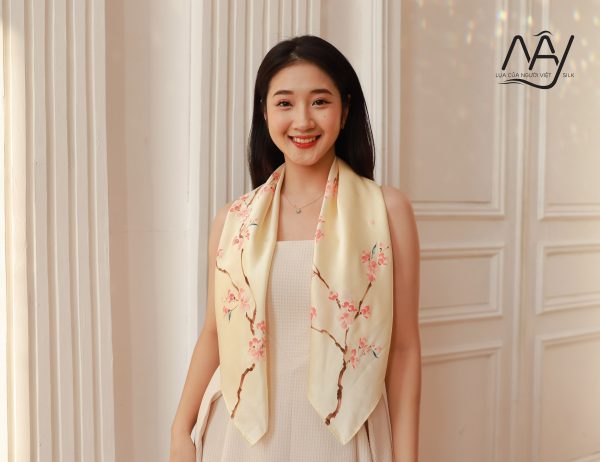 hand painted vietnamese silk scarf beige peach blossom 8585