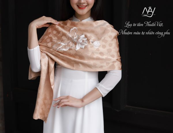 hand embroidery viet nam silk scarf nude color