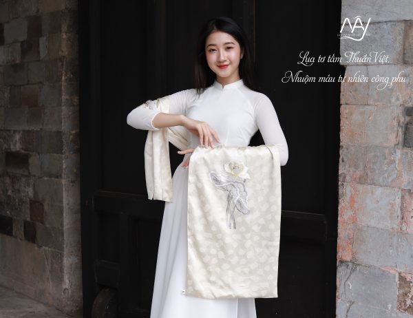 Vietnamese silk dyed natural color embroidered with lotus flowers in cream color