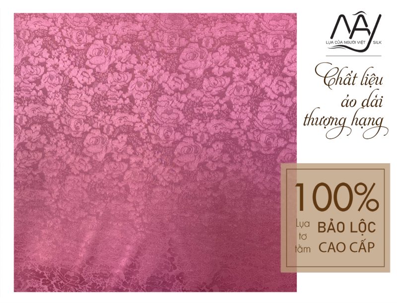 vải lụa tơ tằm dệt họa tiết hoa hồng màu hồng vỏ đỗ
